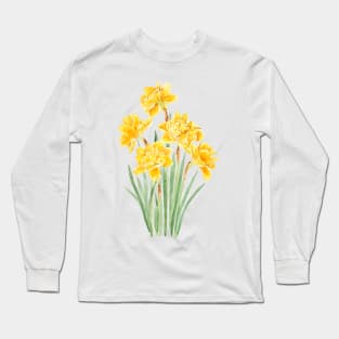 golden daffodils flowers with leaf watercolor Long Sleeve T-Shirt